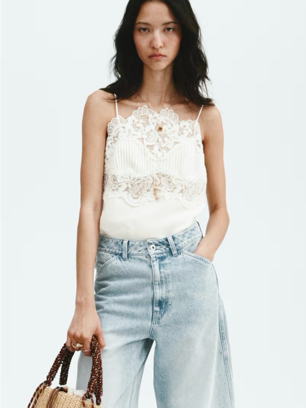 H&M STUDIO COLLECTION SPRING 2026 NWT WHITE LINEN-BLEND LACE-DETAIL TOP - Picture 5 of 13